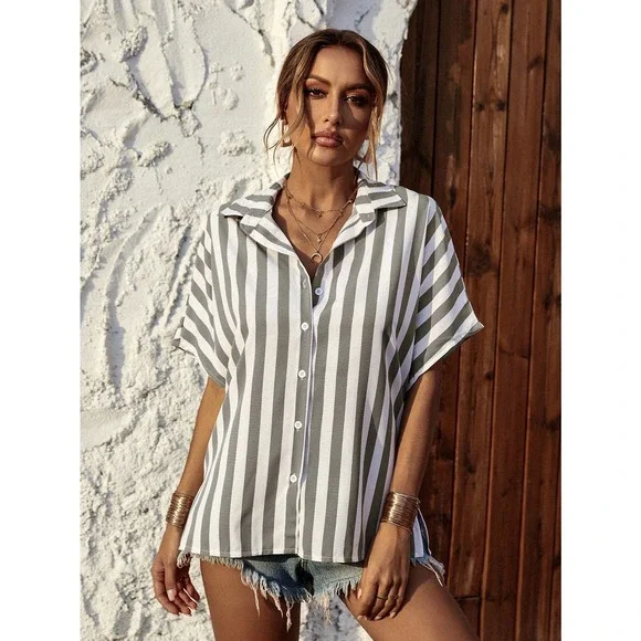 Vertical Striped button up short sleeve top boho gray white - Picture 2 of 9